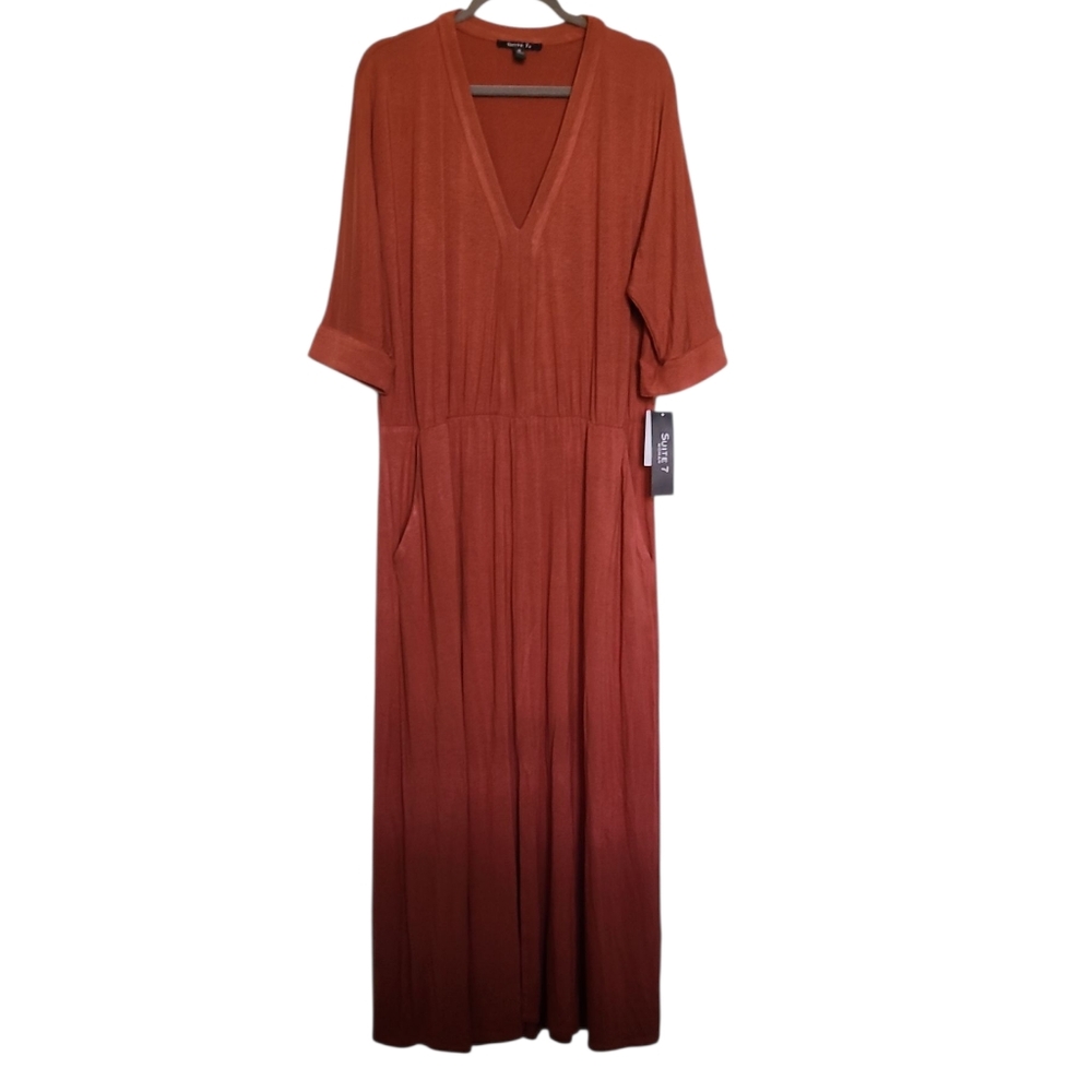 Suite 7 Terracotta Rust Fall Color Maxi Dress W Pockets Plus Sz 1X NWT